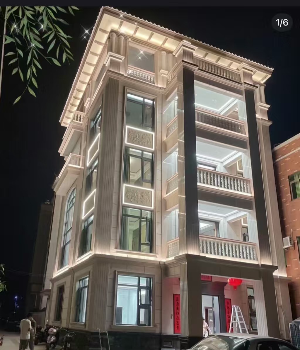 随州 芝麻白花岗岩别墅外墙夜间效果